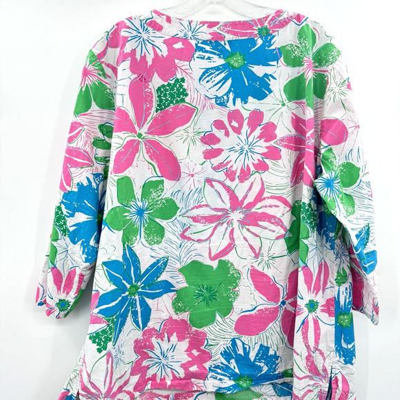 Talbots Colorful Floral and Lace Blouse Size 2X Pink Blue White Cotton Retro - Picture 2 of 10